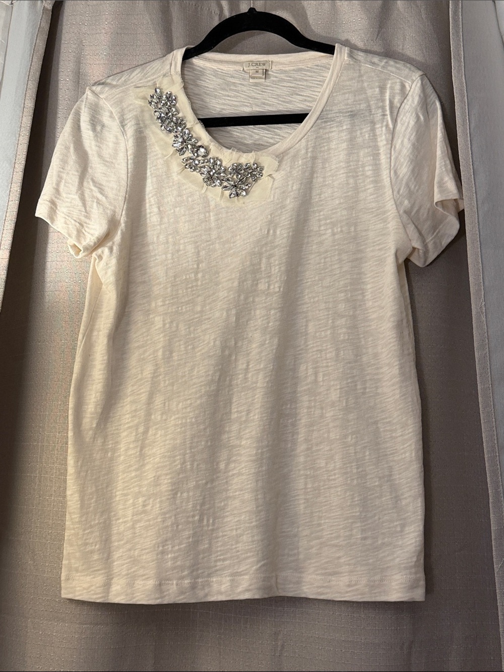 J. Crew Cream Short Sleeve Tee with Crystal Neck Embellishment